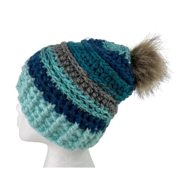 Air Force Mom Pom Beanie Adult Blue Gray Crochet Chunky Knit Warm Winter Cap - Picture 6 of 10